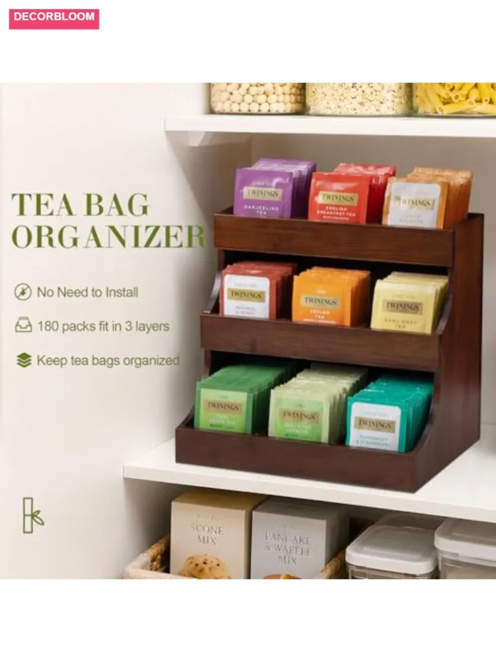 3-Tier Bamboo Tea Bag Organizer, Holds 180 Bags, No Assembly